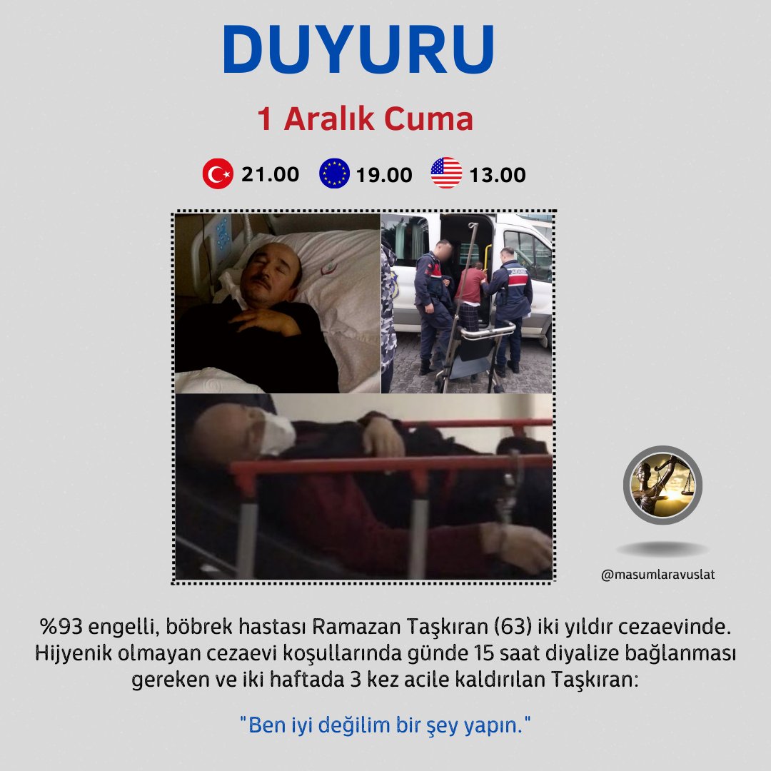 🔴🔵 ETİKET DUYURUSU 🔵🔴

🗓 1 Aralık Cuma (Yarın)

🇹🇷 21.00
🇪🇺 19.00
🇺🇸 13.00

Yarın akşam sizleri, yasal faaliyetleri nedeniyle Ocak 2022'den beri cezaevinde olan ve günde 15 saat diyaliz olması gereken %93 engelli ağır böbrek hastası Ramazan Taşkıran'ın sesi olmaya davet