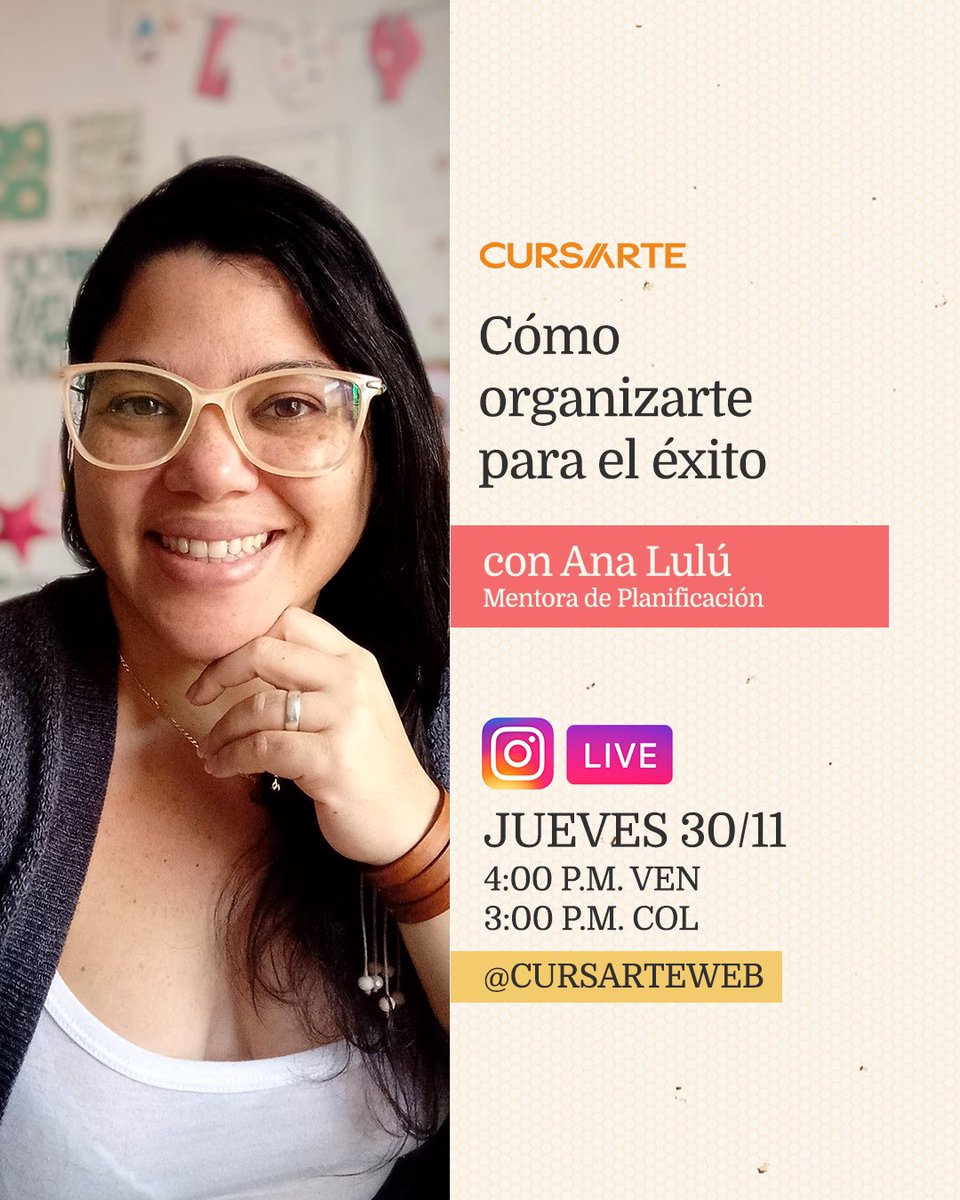 Para continuar con el día, seré el host del Instagram Live de <a href="/cursarteweb/">Cursarte</a> 

En esta semana, estamos agradecidos de tener con nosotros a <a href="/laanalulu/">Ana Lulú</a>, tremenda profesional y gran amiga de la casa.

4:00 P.M. Ven
3:00 P.M. Col