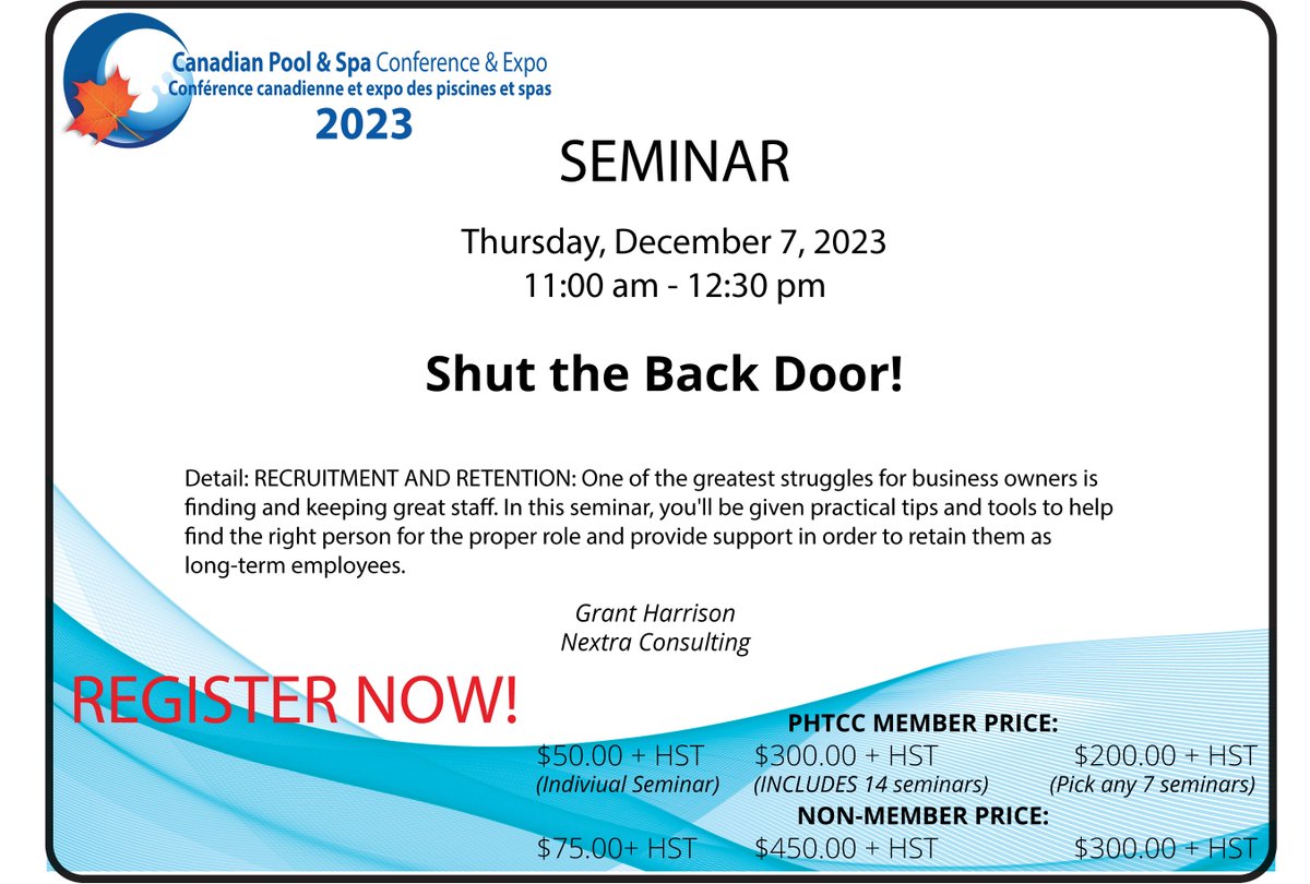 PHTCC Seminar - Shut the Back Door!
Dec 7'23

In this seminar, you'll be given practical tips and tools to help find the right person for the proper role and provide support to retain them as long-term employees.

Register today @ conx.is/pool23 

#phtcc  #expo