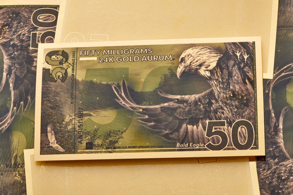 The 50 milligrams NAA Bald Eagle Aurum® is the smallest gold bill in our five-bill North American Animal Aurum® series.  

 Shop our website: bit.ly/3RmF87u 

#gold #goldbills #aurum #baldeagle