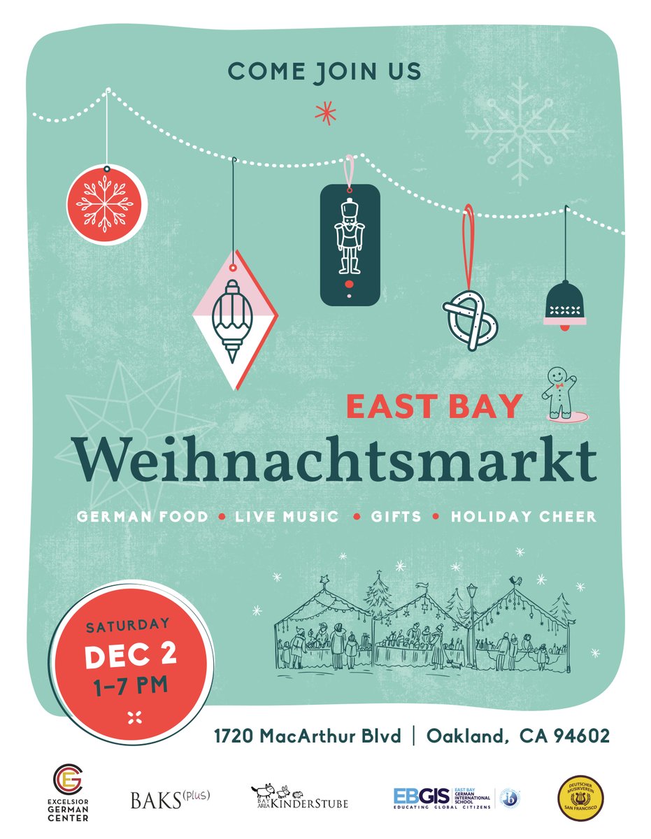 BerlinBeyond's tweet image. #InOurCommunity: This Saturday, Dec. 2nd from 1-7 PM, The Excelsior German Center will present the East Bay Weihnachtsmarkt (German Holiday Market) in Oakland. A day of holiday cheer, with German food, Glühwein, live music, and a marketplace of gifts and goodies, and more!