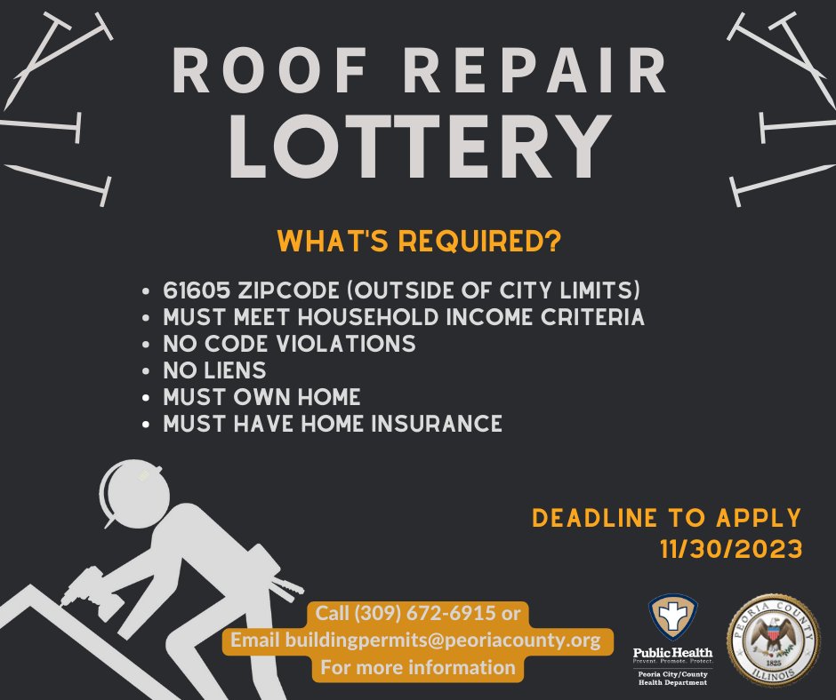 Today at 5:00 PM is the last day to apply for the roof replacement program lottery. Learn more and apply at peoriacounty.gov/1287/Roof-Repl…