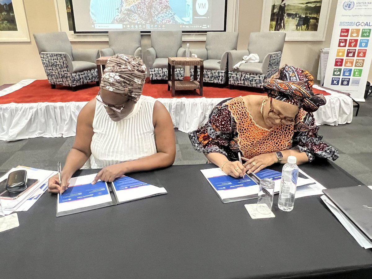 UNLesotho's tweet photo. The Minister of Finance &amp; Development Planning on behalf of the Govt of Lesotho, together with the UN RC as Co-Chair of the ACF today signed 3 high impact initiatives on: 

Fighting GBV 👭
Boosting food systems 👨‍🌾🌽
Improving governance 🏦

Big steps towards a brighter future! https://t.co/WHQKtXxr53