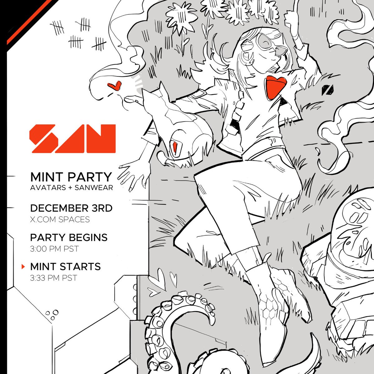 MINT PARTY
Join the EXCITEMENT this Sunday at 3 PM PST!

Mint Phases 
Dec. 3rd, 3:33 PM (PST) - Member's List 
Dec. 4th, 3:33 PM (PST) - Allow List
Dec. 21st, 3:33 PM (PST) - Public

Only 1,400 Avatar / SANWEAR combos remain!

Tons of amazing guests will be there:
<a href="/violettazironi/"></a>