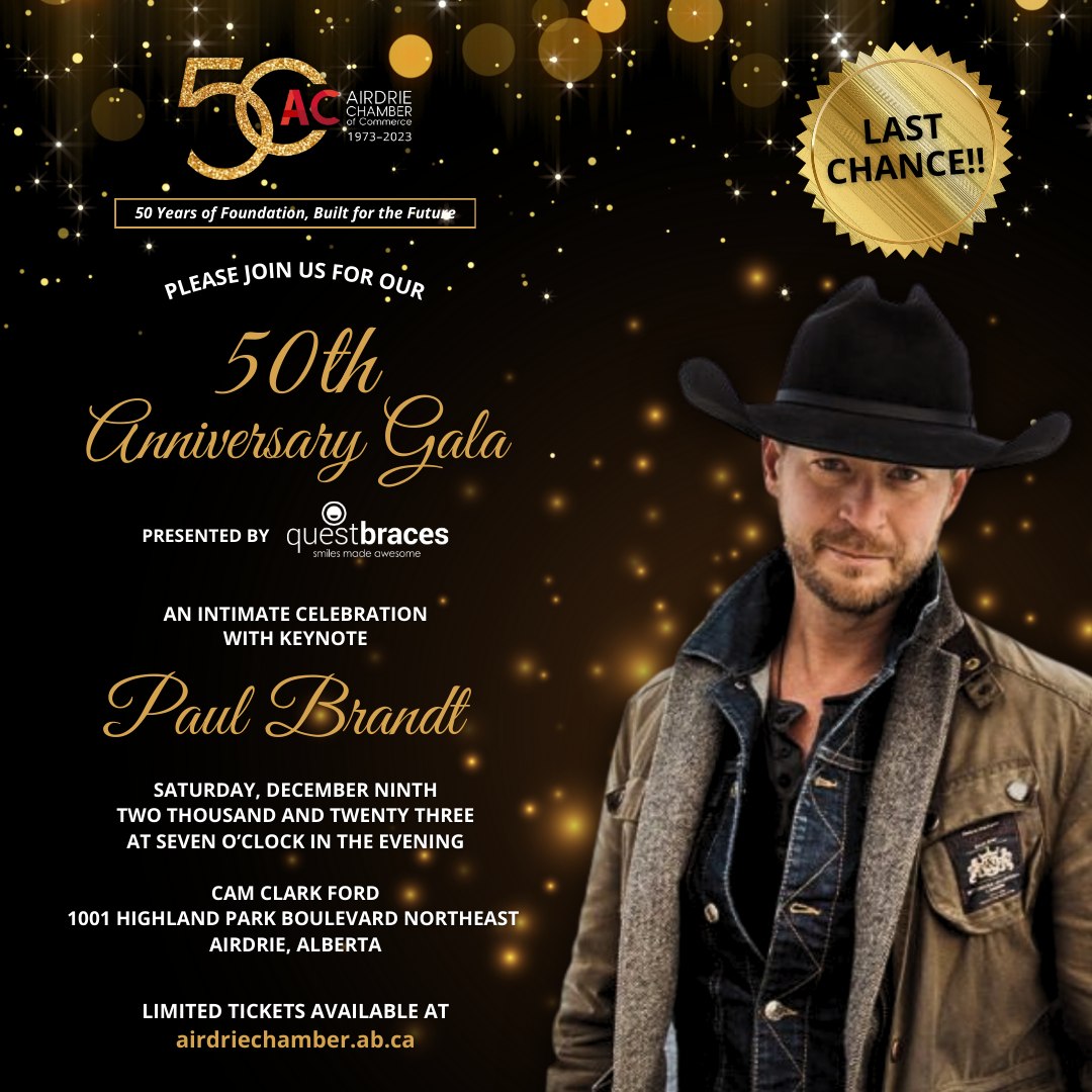 𝐋𝐞𝐬𝐬 𝐭𝐡𝐚𝐧 𝟏𝟎 𝐭𝐢𝐜𝐤𝐞𝐭𝐬 𝐥𝐞𝐟𝐭! Sales deadline is tmrw, December 1st! Get your tickets today! bit.ly/AC50thGala #airdriechamber #actionthroughconnection #50yearsoffoundationbuiltforthefuture #thevoiceofbusinesssince1973 #gala #airdrie #paulbrandt