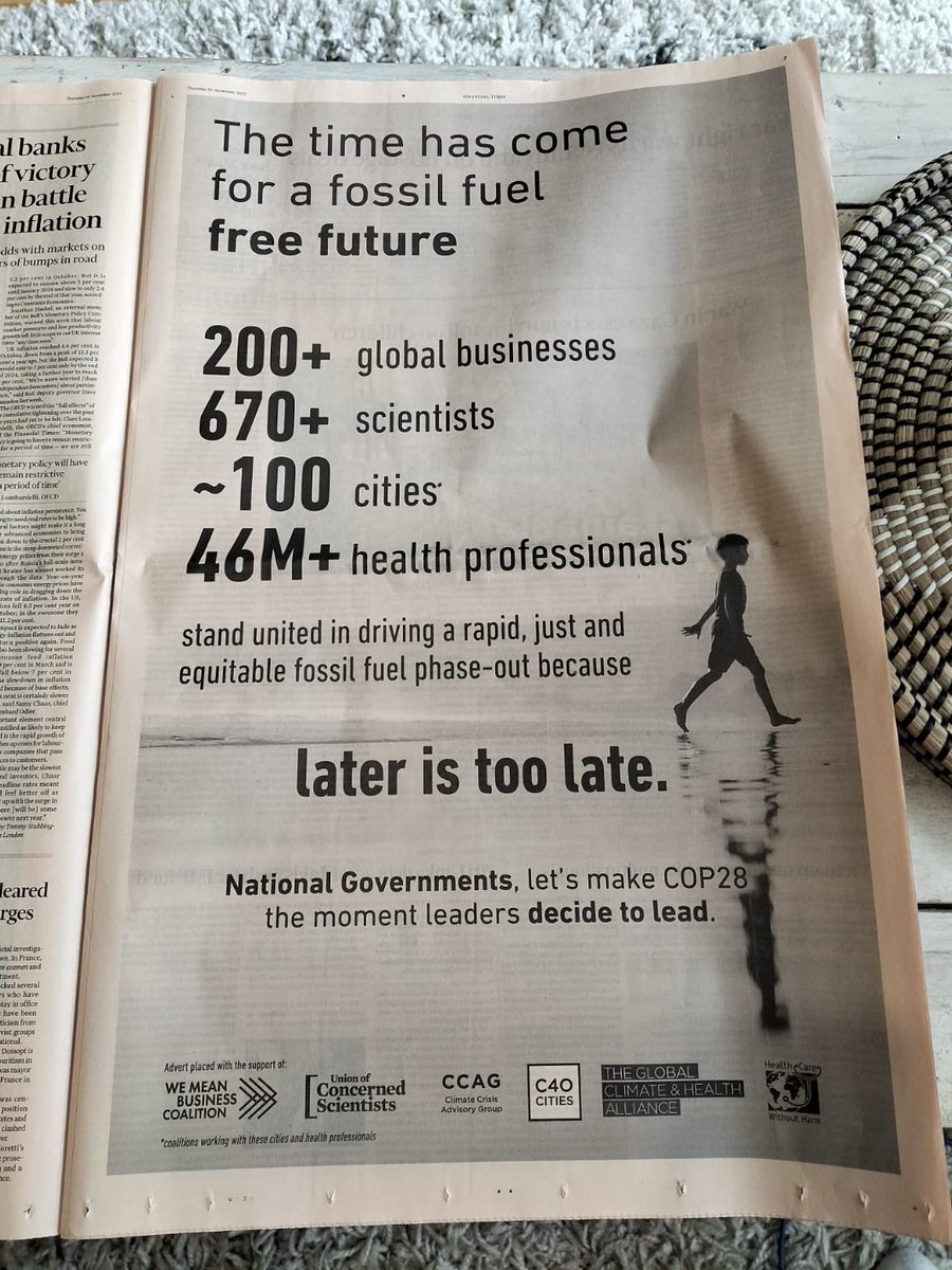 Later is too late. The time has come for a fossil fuel free future.

In the <a href="/FT/">Financial Times</a>, 200+ businesses are calling on national governments to go #FossilToClean alongside scientists, mayors &amp; health professionals.

At #COP28 it is time for bold policy leadership: wemeanbusinesscoalition.org/cop28-business…