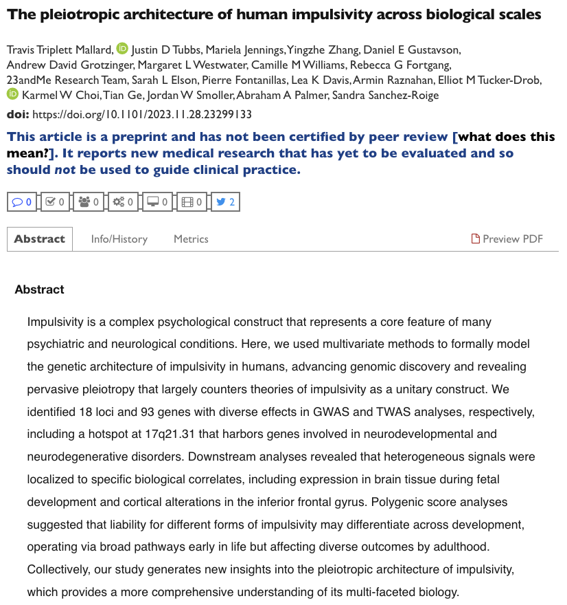 🧬🧠 Check out our latest preprint on the genetics of impulsivity! medrxiv.org/content/10.110…
 
In this paper, we examined ‘lumping’ versus ‘splitting’ models of impulsivity and characterized the shared and unique biology across multiple levels.

A few key findings below! 🧵