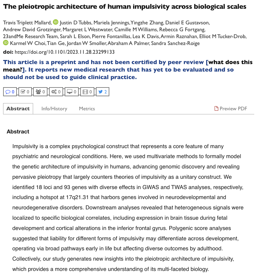 🧬🧠 Check out our latest preprint on the genetics of impulsivity! medrxiv.org/content/10.110… In this paper, we examined ‘lumping’ versus ‘splitting’ models of impulsivity and characterized the shared and unique biology across multiple levels. A few key findings below! 🧵