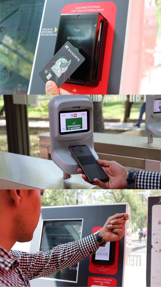 MetrobusCDMX's tweet photo. Neta, ¿me lo juras? 😨  

Ingresar a #Metrobús con diferentes métodos de pago y acceso ya es una realidad 🙌🏻

Puedes usar 👇🏻 
📱Celular  
💳Tarjeta de crédito o débito  
⌚️Reloj inteligente   

Tan fácil y sencillo, solo así y respetando transbordos 🤩 https://t.co/VIyShjXPqm