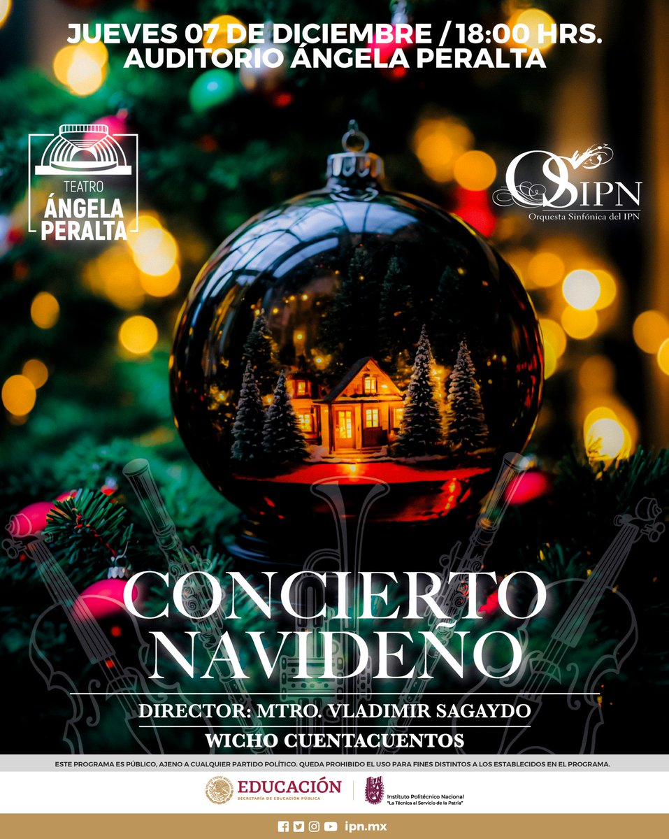 ¡Celebremos juntos la magia de la Navidad en el espectacular concierto de la #OSIPN 2da Temporada 2023! 🎅🏼🎄🤍

📅 jueves 7 de diciembre ⏰ A las 6:00 pm 📍 En el Teatro 'Ángela Peralta'

#ElPoliEsCultura #EntradaLibre
@IPN_Cultura