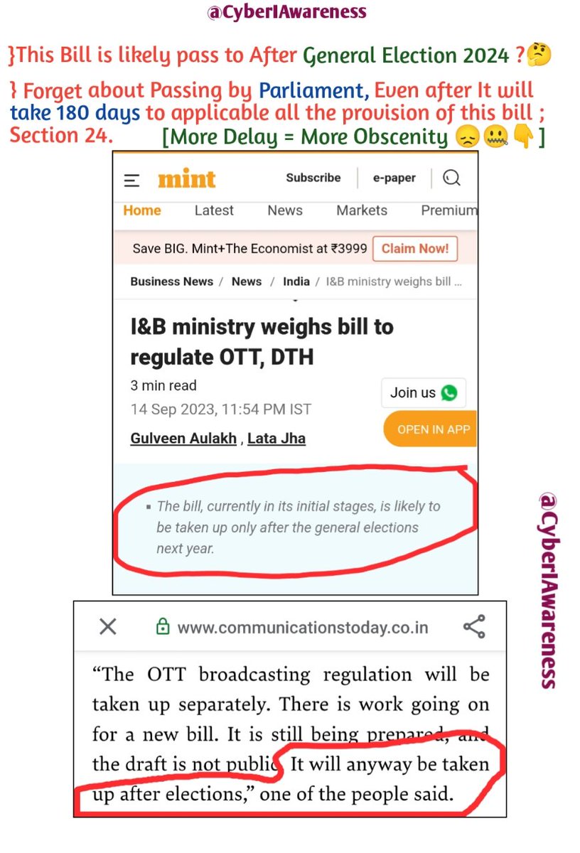CyberIAwareness's tweet photo. }#BroadcastingServiceBill will pass in #Mansoon Session after #Election2024 - Reports
}Look, I Can Understand some #delays & taking #time, But that much ?🤔
}#Delays means ;
410+#PervertedOTT will keep continue to making their #Vulgar #Porn series for at least 6-8 month more.🤐 https://t.co/90ElYCsPlP