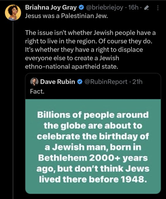 What does it even mean that Jesus was a 'Palestinian Jew'? Does she think that Arab Muslims are the descendants of the Jews who lived there at the time of the Second Temple? There is not a single 'Palestinian Jew' today.