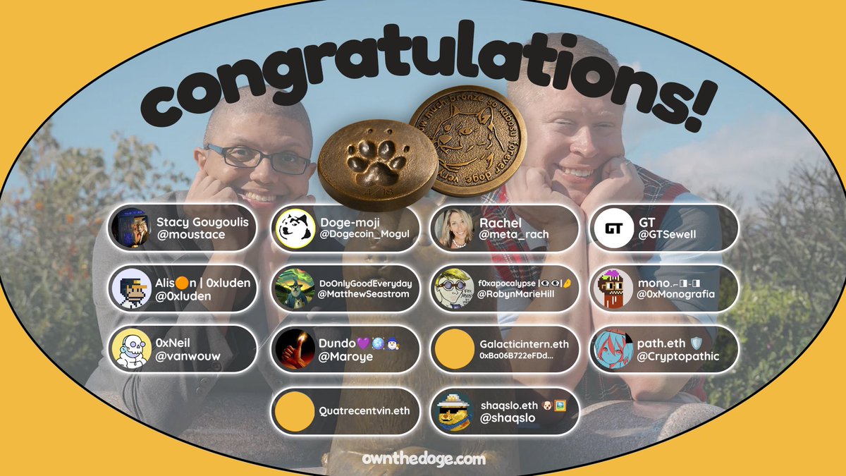 ownthedoge's tweet photo. The wait is finally over! We present to you the winners of the iconic Bronze Doge Paw Prints ๐พ
All people who minted the Doge x Tay x BLB meme collab NFT automatically entered into a raffle to win this prize.
Congratulations to the winners. Now you have your paws in historyโจ https://t.co/yyNWk4HqdN