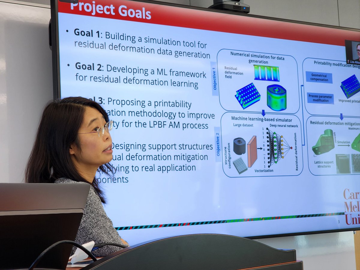 LizaAllisonCMU's tweet photo. Final #NextManufacturing seminar of the Fall semester! Prof Jessica Zhang taught us a little bit about her research into Residual Deformation Machine Learning and Mitigation for Metal #additivemanufacturing @CMUEngineering https://t.co/YEegfpQJWm