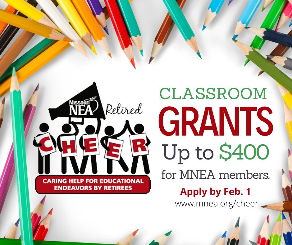 Need a little financial boost to assist with a classroom or school project? Apply for a CHEER grant by Feb. 1. Grants of up to $400 each will be awarded to MNEA members for worthy projects. Learn more and apply at mnea.org/cheer.