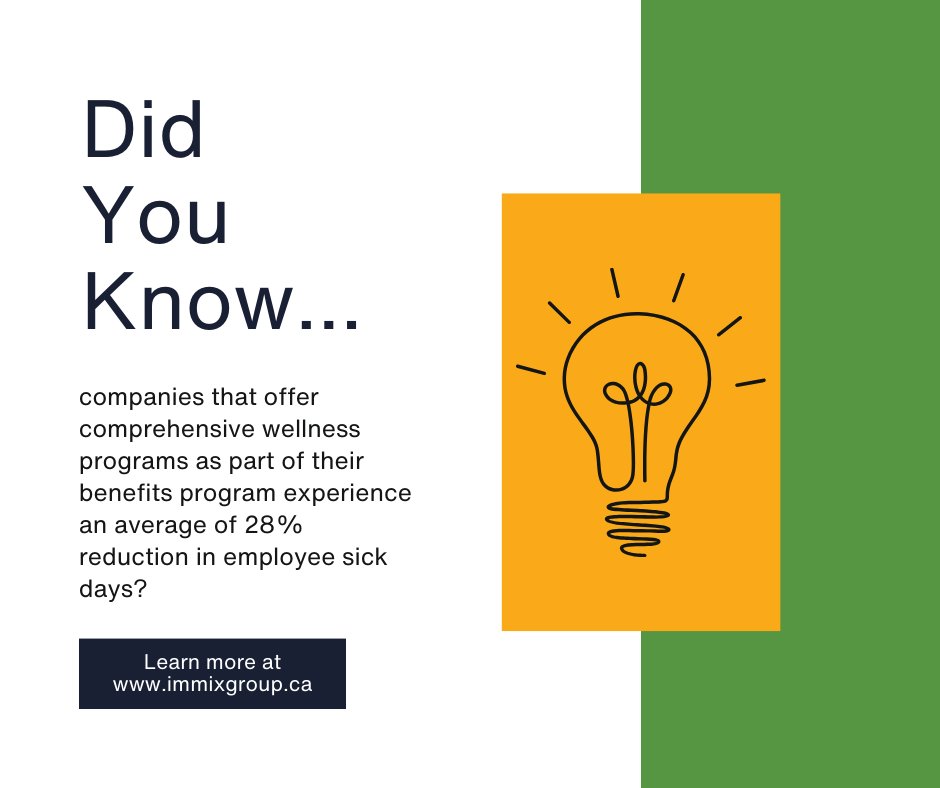 Immix_Group's tweet image. Fact of the day! Did you know companies with comprehensive wellness programs in their benefits package see a 28% decrease in employee sick days? 

#immixgroup #employeebenefits #wellnessprograms