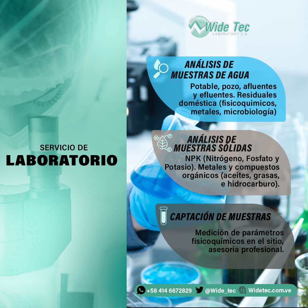 wide_tec's tweet photo. Ofrecemos servicios de análisis para agua de pozos, agua potable, efluentes, análisis de metales: alimentos, materia vegetal, suelos y aguas, análisis de NPK, nitrógeno, potasio, fósforos y más.
WhatsApp:📱+58- 414-667-28-99   #Laboratorio #Maracaibo #Venezuela #WideTec #Caracas https://t.co/UmOCtJAo1F