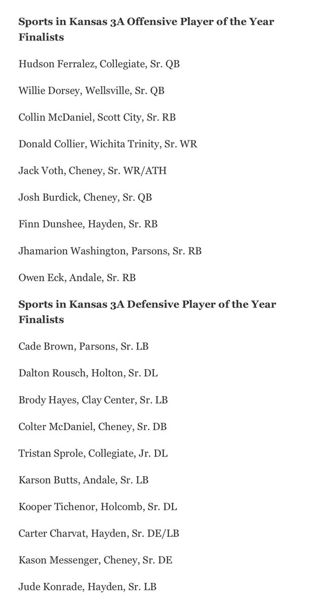 Congratulations to Parsons RB Jahmarion Washington and LB Cade Brown for being finalist for Sports in Kansas Offensive (Washington) and Defensive (Brown) Players of the Year in Kansas Class 3A!