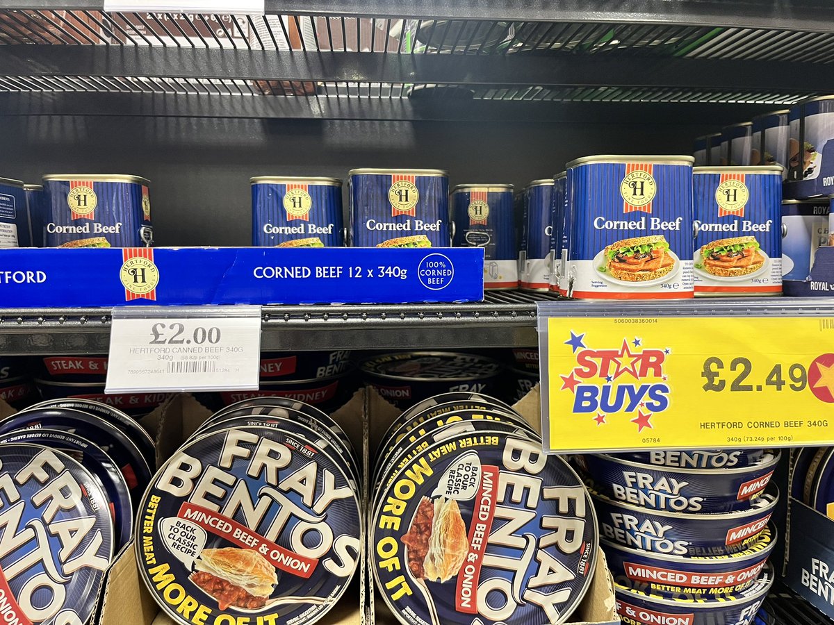 dunnydozer's tweet photo. @homebargains exactly the same tin of corned beef. One says £2. One says star buy £2.49!! Misleading customers to buy the cheap one. I noticed I paid the latter on my receipt!!!! https://t.co/jLx7GjqgbY