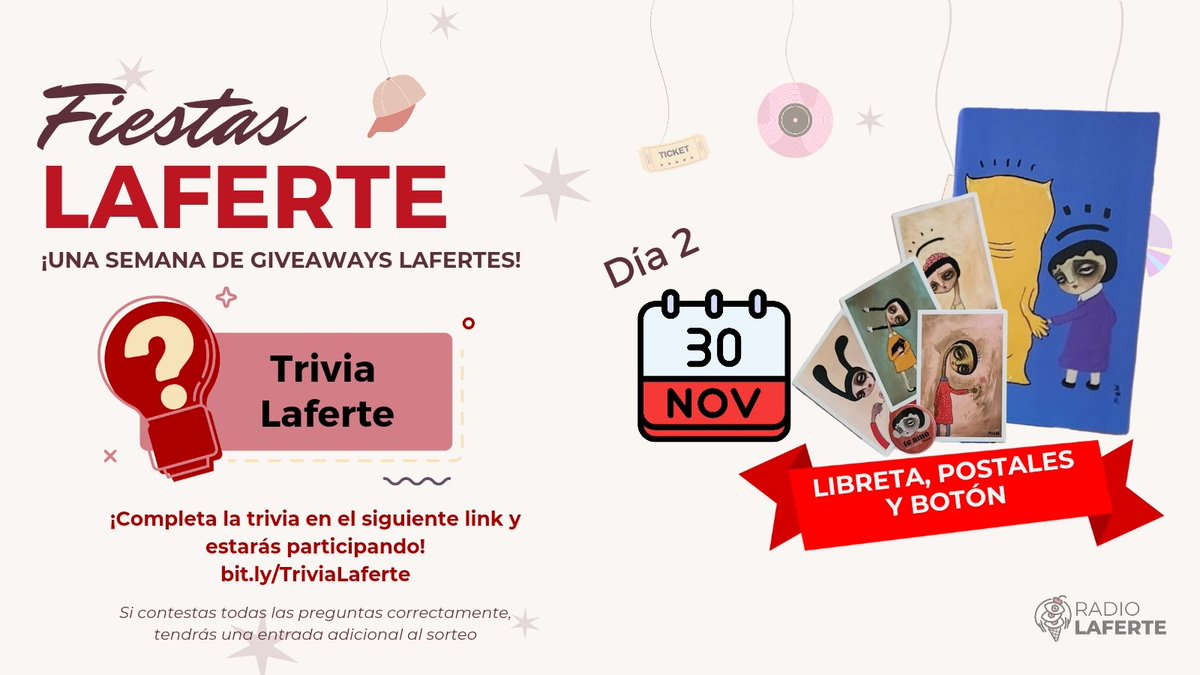 radiolaferte's tweet photo. ¡FIESTAS LAFERTE DÍA 2!

¡Pon a prueba tu conocimiento con la Trivia Laferte! 
👉 https://t.co/tCBNfJlc2V

Completa la trivia y ya estarás participando por un pack de merch de la exposición 'Te amo'. 

#FiestasLaferte https://t.co/5hbM8irYgz