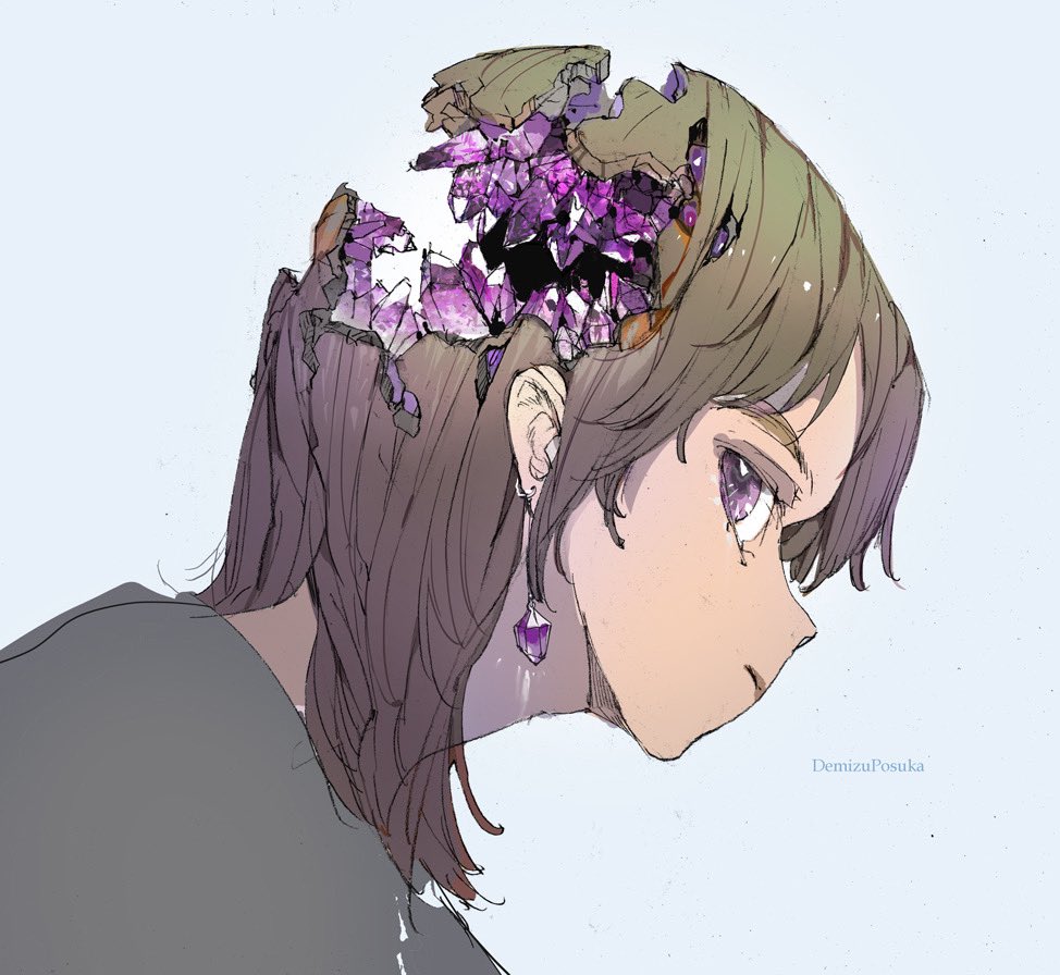 1girl solo brown hair simple background profile purple eyes earrings  illustration images