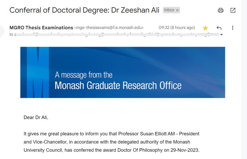 Finally, the PhD journey has come to an end. Officially graduated. Thanks to all who supported me in this challenging but amazing journey. #phd #journey #monash #monashuniversity @PhDVoice @PhD_Genie #AcademicTwitter #AcademicChatter