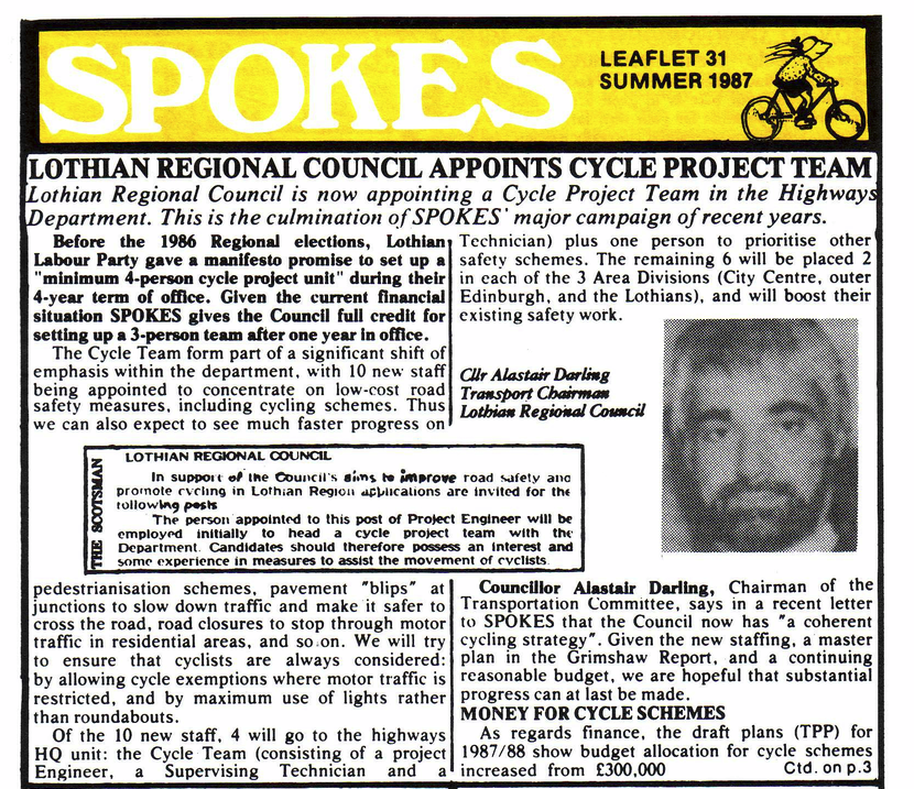 SpokesLothian's tweet photo. So sorry to hear #AlastairDarling's death

1979: Spokes rally

1987: As #Lothian councillor, he created the first (3-person) #CycleTeam, leading to
>North Ed path expansion
>#MelvilleDrive🚲🚶‍♀️crossing
>N Meadows path
>etc, etc

2020: Still saying it !

@EdinReporter @EdinburghGdn https://t.co/U9a3ijZsFc