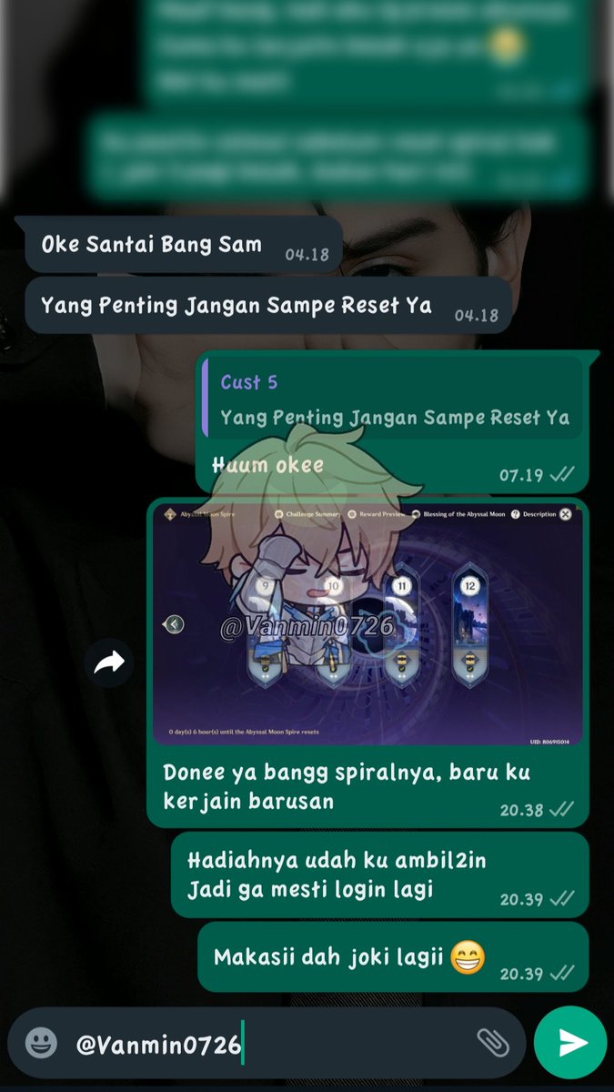 Vanmin0726's tweet photo. 133. Joki Done GSN
~ Spiral Abyss Full Star
Seneng bgt punya customer langganan bgt dari dulu ampe skrg. Meski ku save nomornya begitu 😆
#jokigenshin #joki_van #GenshinImpact https://t.co/4szN3HU6z1