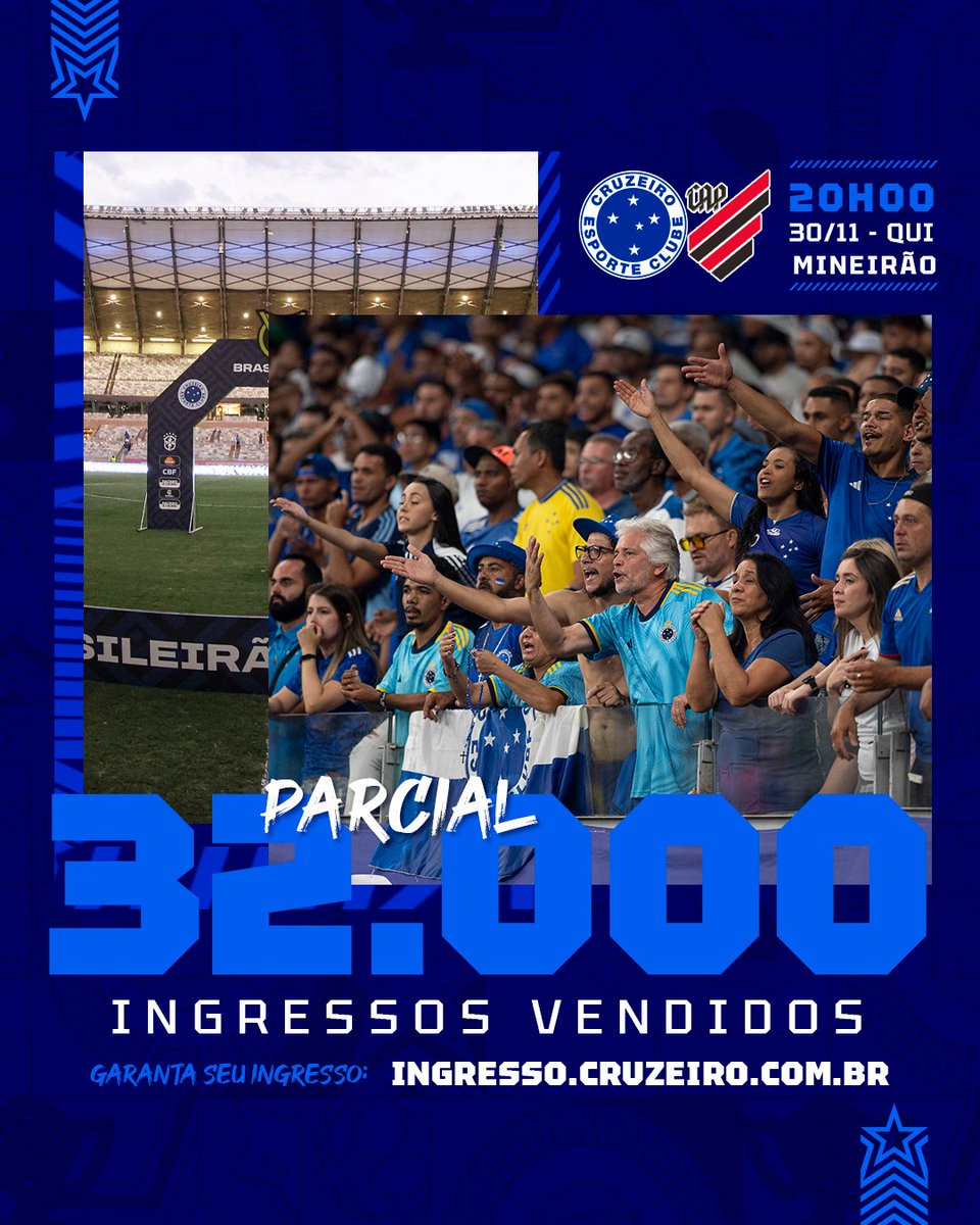 Cruzeiro's tweet photo. 3⃣2⃣ MIL PRESENTES!

Hoje temos uma final pela frente e vamos contar com todo o apoio da Nação Azul no Mineirão! Vamos juntos. 👊

🎫 Ainda não tem ingresso? Compre o seu em https://t.co/tL8BuKjvOk e no App Nação Azul.

#CRUxCAP #FechadoComOCruzeiro