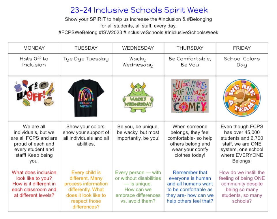 Hey @FCPSMaryland - don’t forget next week is #InclusiveSchoolsWeek23. Join in the celebration with our county wide spirit week! Take a moment to show others that you #Choose2Include.