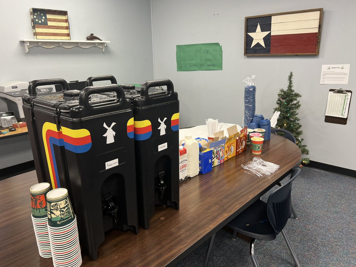 Kbstroud's tweet photo. It’s a great day at @PME_Katyisd when @DutchBros donates coffee for our staff! Thank you Dutch Bros on Morton Ranch for spoiling our staff!  #pmedolphins https://t.co/ZBuVhWvaJE