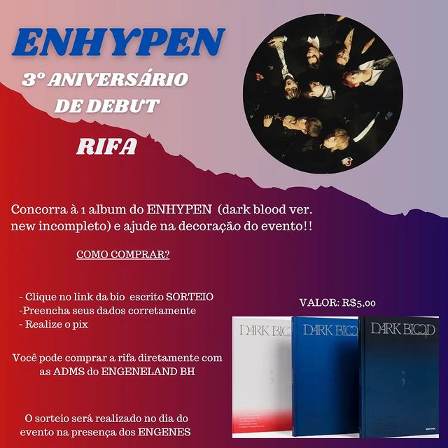 ENGENES, nossa rifa ainda está rolando!! A rifa é para ajudar a pagar os custos do evento.

Compre aqui: docs.google.com/forms/d/e/1FAI…

THREE YEARS ONE HEARTBEAT
#Happy_3rd_ENniversary #3YearsToENternity #따사로운_햇살처럼피어난_엔하이픈3주년 <a href="/ENHYPEN_members/">ENHYPEN</a> <a href="/ENHYPEN/">ENHYPEN OFFICIAL</a> #EngeneLandBH