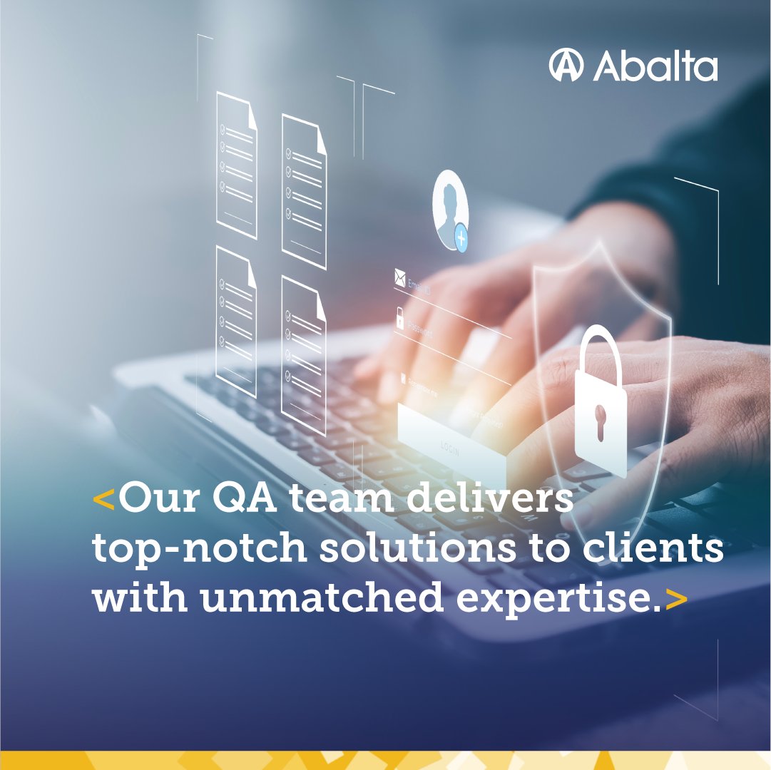 abaltatech's tweet photo. 🖥 At Abalta, our QA team delivers top-notch solutions to clients with unmatched expertise. Our ISO 27001/27002 compliance ensures robust information security, and we embrace precision with ISO 29119's keyword-driven testing.
Visit https://t.co/P5luDIuWIy to partner with us! 🤝 https://t.co/KXFZtilN6z