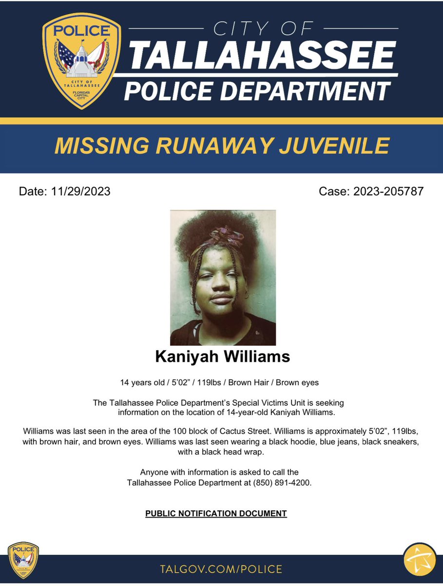TallyPD's tweet photo. Please share to help locate this missing juvenile. If you have information regarding Kaniyah's whereabouts, please call TPD at 850-891-4200. https://t.co/Qi1H9n1sSk