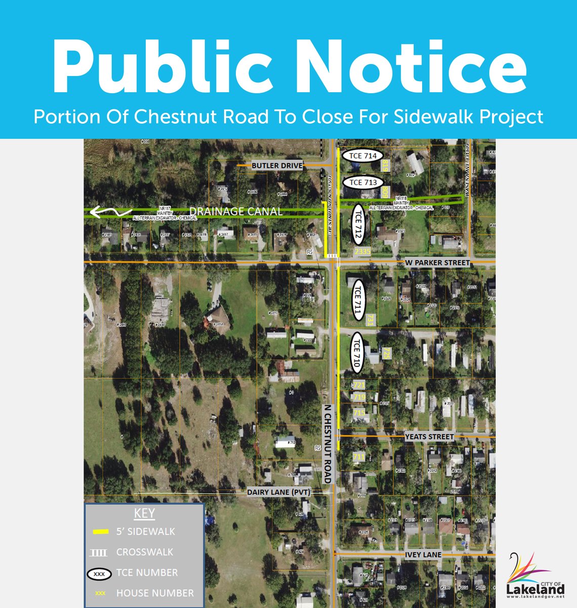 Public Notice: LAKELAND, FL (November 30, 2023) | Portion Of Chestnut Road To Close For Sidewalk Project on 12/10, along North Chestnut Rd from Butler Dr to south of Yeats St. Read the entire Press Release at LakelandGov.net/ChestnutRdClos…