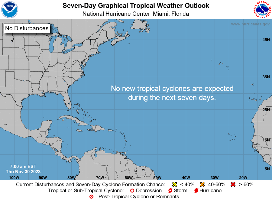 7am EST Thursday 30th November: Today is the last day of the North Atlantic Hurricane Season. 

Happy to report we are not currently expecting any tropical cyclone activity as we enter the off season in December. 

The latest info as always is at hurricanes.gov