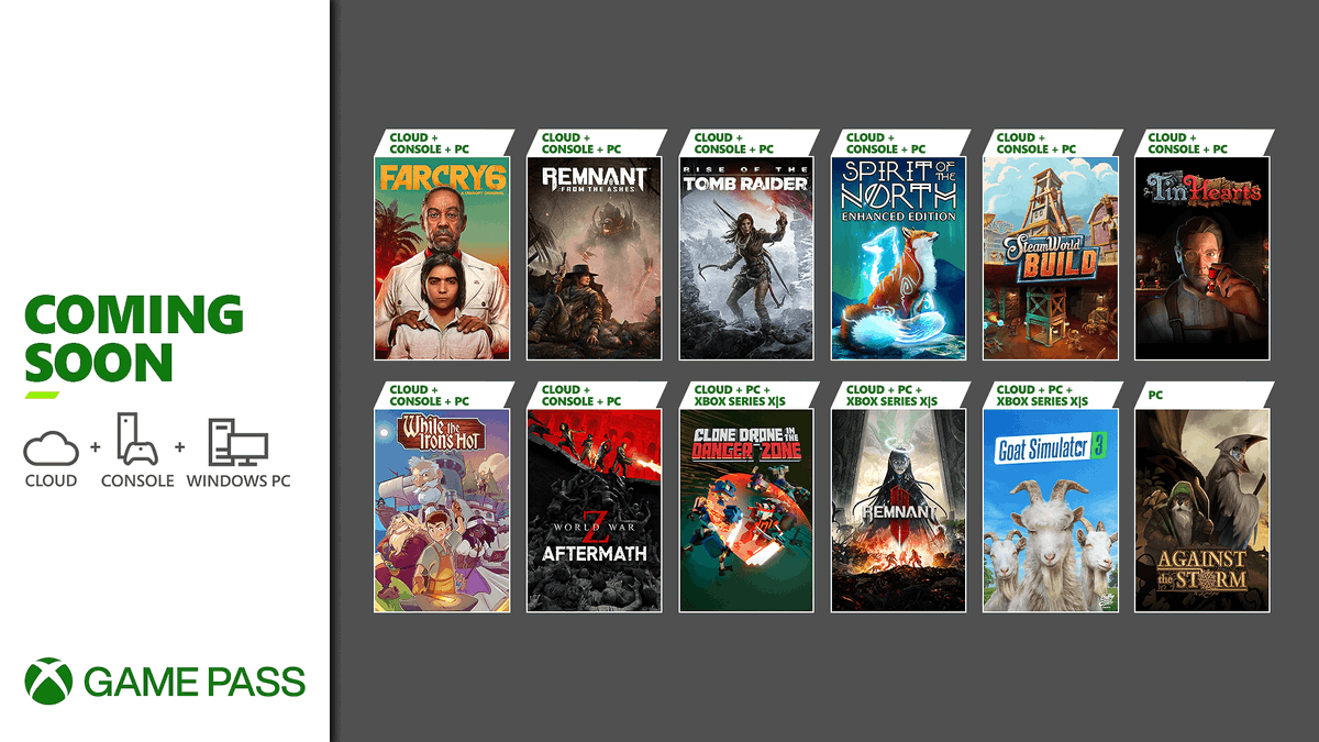 JV - Jeux vidéo (@jvcom) on Twitter photo Le Xbox Game Pass nous RÉGALE en décembre !
- Far Cry 6
- Rise of the Tomb Raider
- Goat Simulator 3
- Spirit of the North
- Steamworld Build
- Tin Hearts
- While the Iron's Hot
- World War Z: Aftermath
- Clone Drone in the Danger Zone
- Against the Storm
Remnant 2 et Remnant: Le Xbox Game Pass nous RÉGALE en décembre !
- Far Cry 6
- Rise of the Tomb Raider
- Goat Simulator 3
- Spirit of the North
- Steamworld Build
- Tin Hearts
- While the Iron's Hot
- World War Z: Aftermath
- Clone Drone in the Danger Zone
- Against the Storm
Remnant 2 et Remnant: