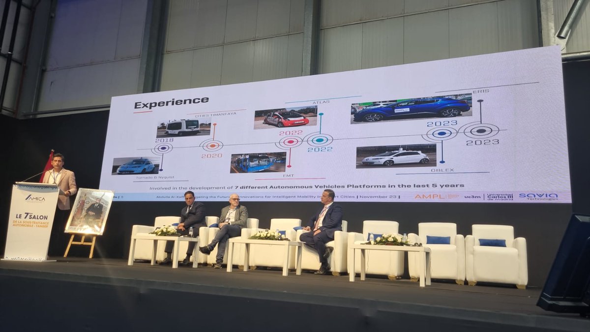AMPL_UC3M's tweet photo. Nuestro Co-director, Dr. Abdulla Al-Kaff (@Abdulla_AlKaff) ha presentado hoy nuestros avances en el campo de la conducción autónoma en "La 7ème Édition du Salon de la Sous-Traitance Automobile À Tanger Automotive City "invitado por el gobierno español a través del CDTI #AMPLProud https://t.co/ErKZTtayxZ