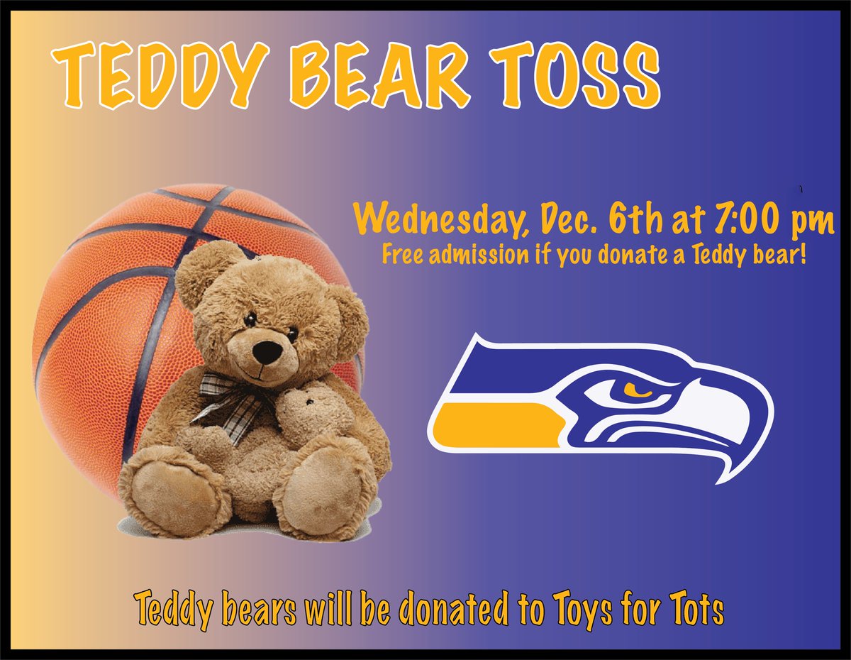 LadySkyhawksBB's tweet photo. Spread the word!!!

We are hosting our 2nd annual Teddy Bear Toss on 12/6 at our game vs @WNHSathletics 

Free admission to those who bring a teddy bear (or stuffed animal) to the game.

Teddy bears will be tossed, collected, and donated to Toys for Tots for children in need. https://t.co/DAMoOQyGuD