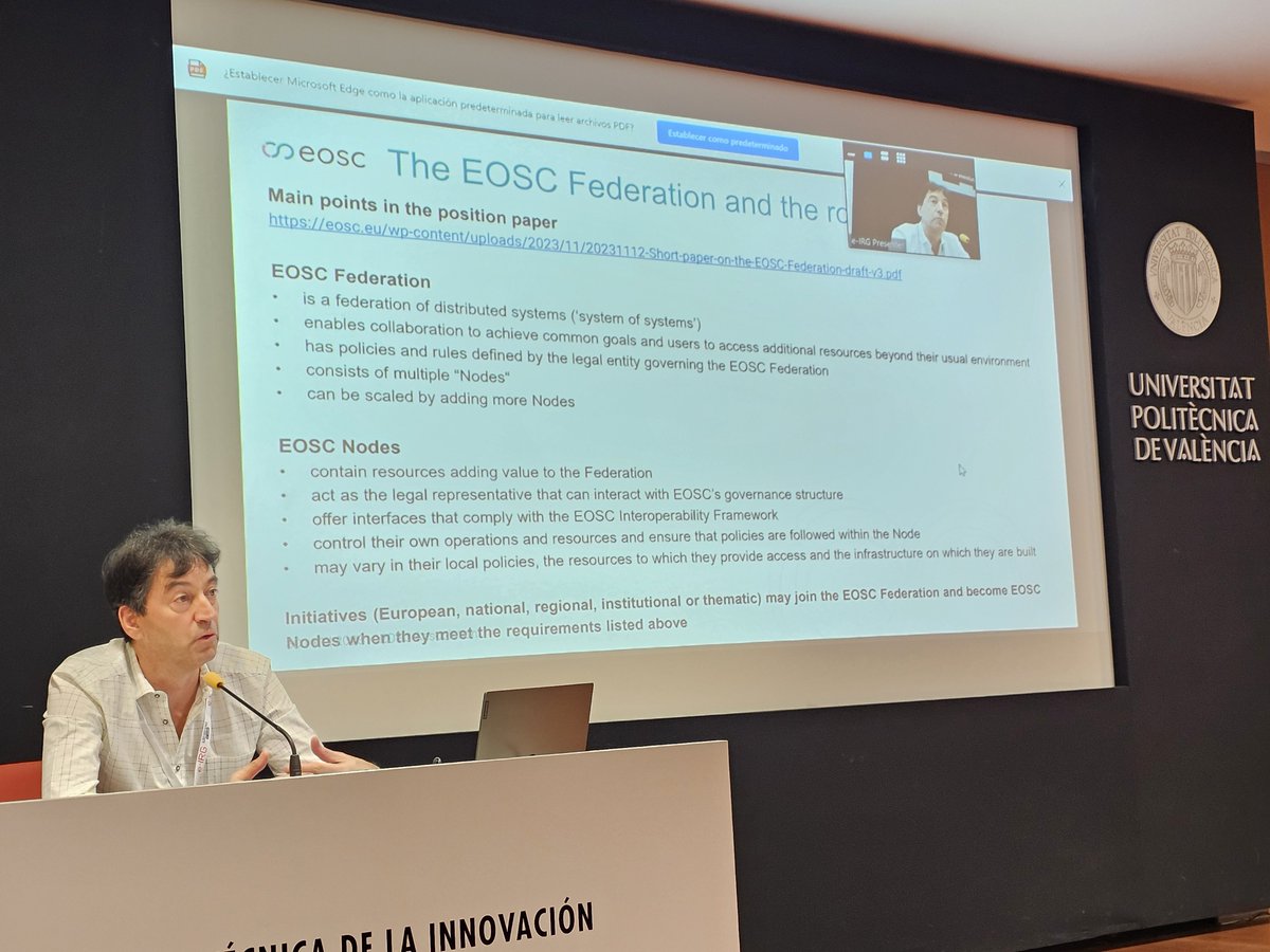 fkarayan's tweet photo. Bob Jones @eoscassociation presents the related #EOSCA activities on the national nodes including related events, open and for EOSC_A members and the related EOSC_A draft paper  https://t.co/uh4vYZPwsR #eirg workshop @eu2023es #valencia https://t.co/baat4B0q5p