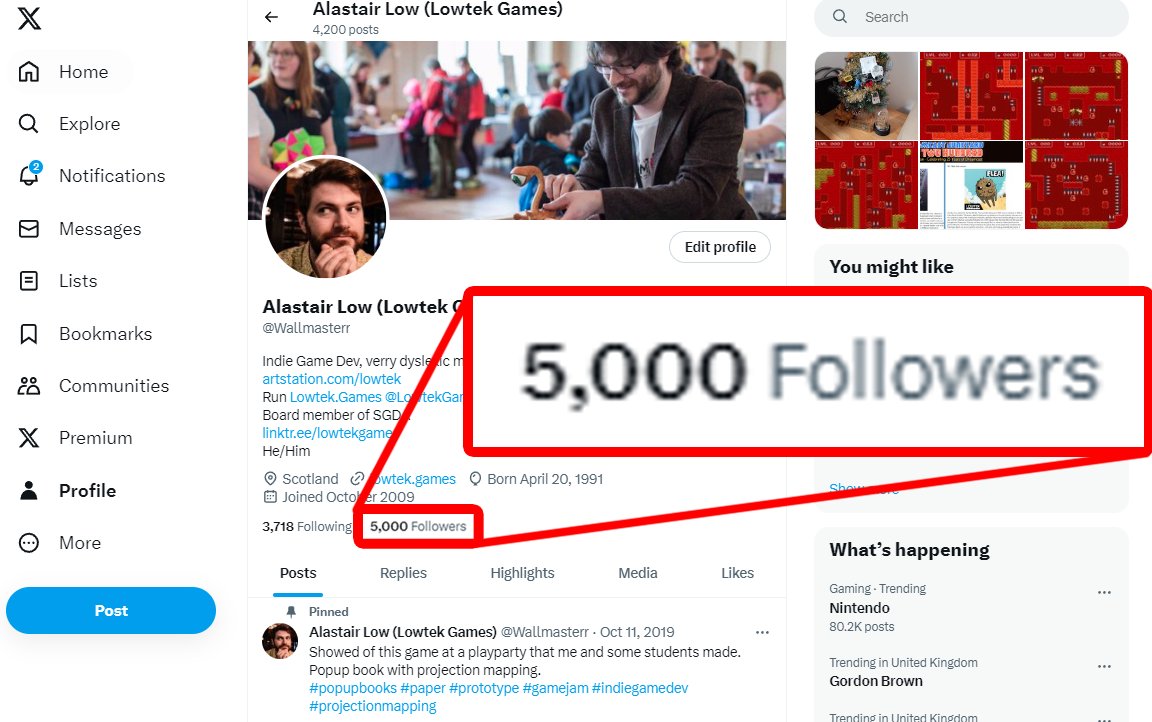 Wallmasterr's tweet image. Woop!!! :D
Made it to 5000 followers here on
"Formally known as Twitter"
Thanks everyone for following along.
Hopefully loads more cool stuff to come in the future.
#gamedev #indigamedev #followers #x #twitter