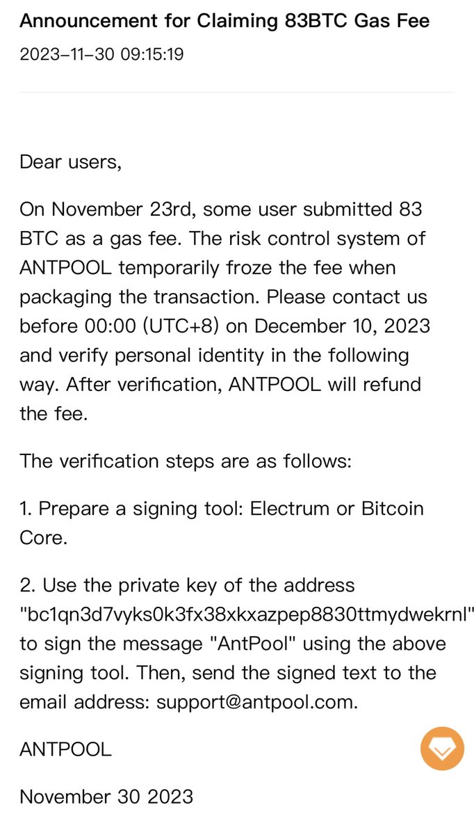 JUST IN: ANTPOOL announces steps for the user to verify personal identity  for an 83 #BTC fee refund
