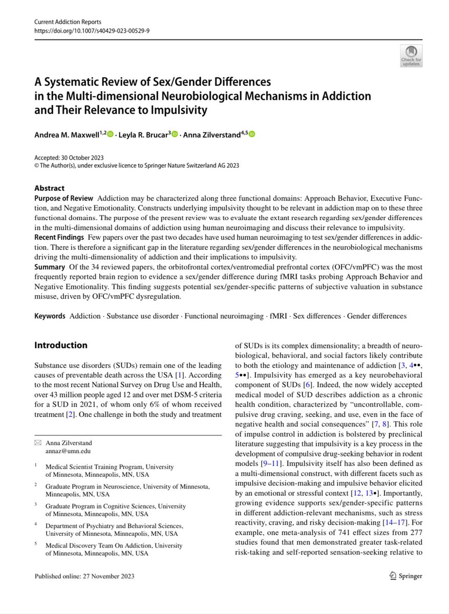 New pub alert 🔔 Our paper is out in Current Addiction Reports. We review the functional neuroimaging on sex/gender differences in samples with substance misuse and their relevance to impulsivity. Check it out! @UMN_Psychiatry @UMNeurosci @UMNMSTP @UMN_MDTA