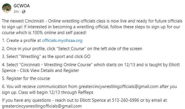 GCWOA's tweet image. Looking to become an OHSAA wrestling official? Follow these steps. Our newest class begins on 12/13 and is 100% Online!