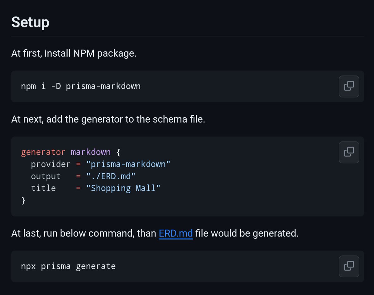 그리고 Prisma 를 토대로 명령어 한줄 만으로 DB구조를 싹 전자동으로 파악해서 DB 의 현재 상태를 설명하는 문서화랑 디비 스키마 구조 도식화(UML 을 전자동으로) 를 전부 자동으로 만들어서 문서를 자동으로 작성 해주는 Prisma Markdown 이란 것도 나왔네요! ✨️ 
dev.to/samchon/world-…