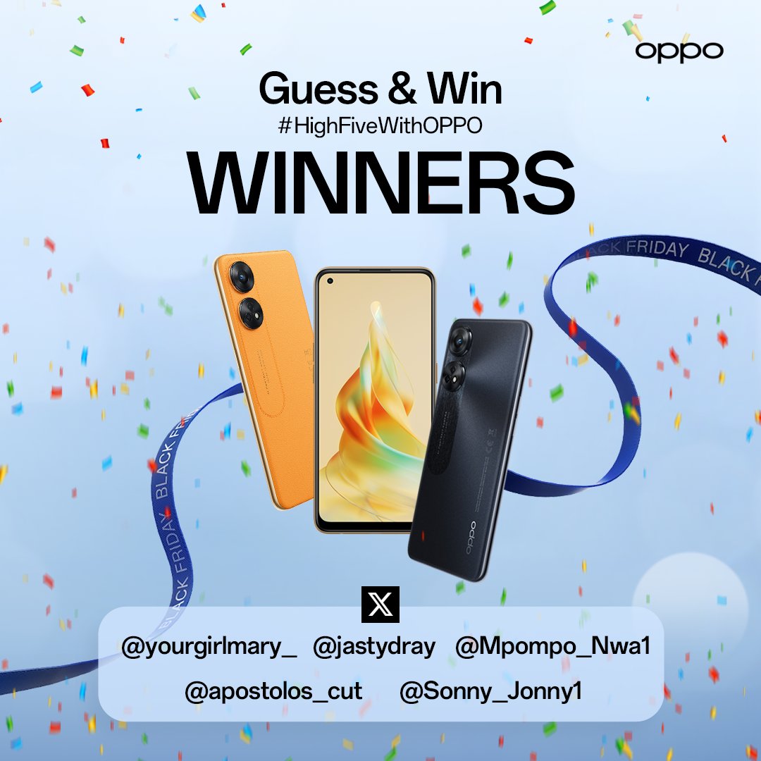 OPPONigeria's tweet photo. Congratulations to the winners of the #HighFiveWithOPPO Guess and Win contest! You have won airtime worth β¦5,000 each! @yourgirlmary_
@jastydray @Mpompo_Nwa1 @apostolos_cut
@Sonny_Jonny1 Kindly send a DM to claim your prize.
Stay tuned to our page for more contests & giveaways. https://t.co/6YqIOLu19c