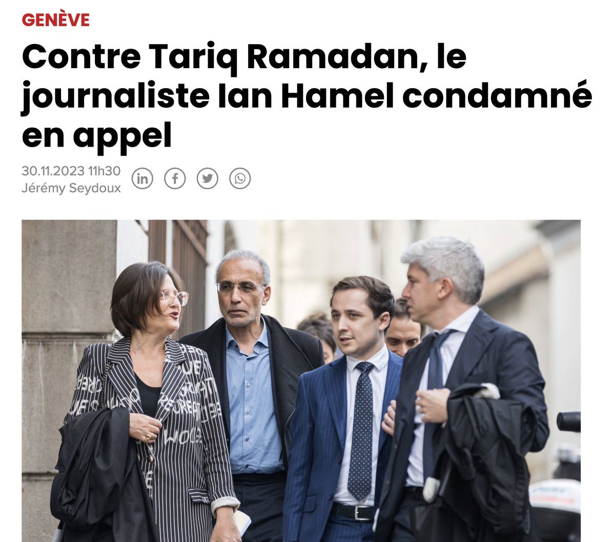 TariqRamadan's tweet photo. IAN HAMEL CONDAMNÉ 

Il avait affirmé, dans un article du @LePoint ,  que l'enquête et le rapport du Conseil d'Etat genevois confirmaient que j'aurais entretenu des relations avec des élèves. Or, ledit rapport concluait, au contraire, qu'il ne s'agissait que de rumeurs. Hamel est condamné pour avoir "trompé les lecteurs". 

Son article a été repris par 60 organes de presse à travers le monde, sans prudence ni vérification. Il a été traduit le jour même aux #EmiratsArabesUnis  (EAU), lesquels ont payé plus de 8 millions de dollars une société genevoise (Alp Services), pour salir la réputation de plusieurs leaders musulmans. Ian Hamel est l'un des journalistes qui collaboraient avec Alp Services. Dans un enregistrement audio remis à un consortium de medias, on entend le directeur de Alp Services indiquer à Ian Hamel : "la cible c'est Ramadan et le Qatar". C'était en juillet 2017, 3 mois avant la première plainte... il fallait donc salir ma réputation.

Je salue donc cette décision de #justice. Je m'en tiens aux faits, au #droit , et à la #vérité. Ian #Hamel, qui a tant menti, est enfin condamné.