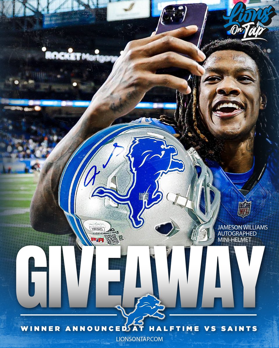 RealDannyB's tweet photo. 🚨GIVEAWAY TIME!!🚨

Jameson Williams autographed mini helmet!

➡️ TO ENTER ⬅️

1️⃣ You must be following me and @LionsOnTap
2️⃣ Like this post
3️⃣ Comment or Repost using the hashtag #McJamo

🗣️ The winner will be announced during halftime of the Lions and Saints game.

 #OnePride https://t.co/eRxwLBH5Mo