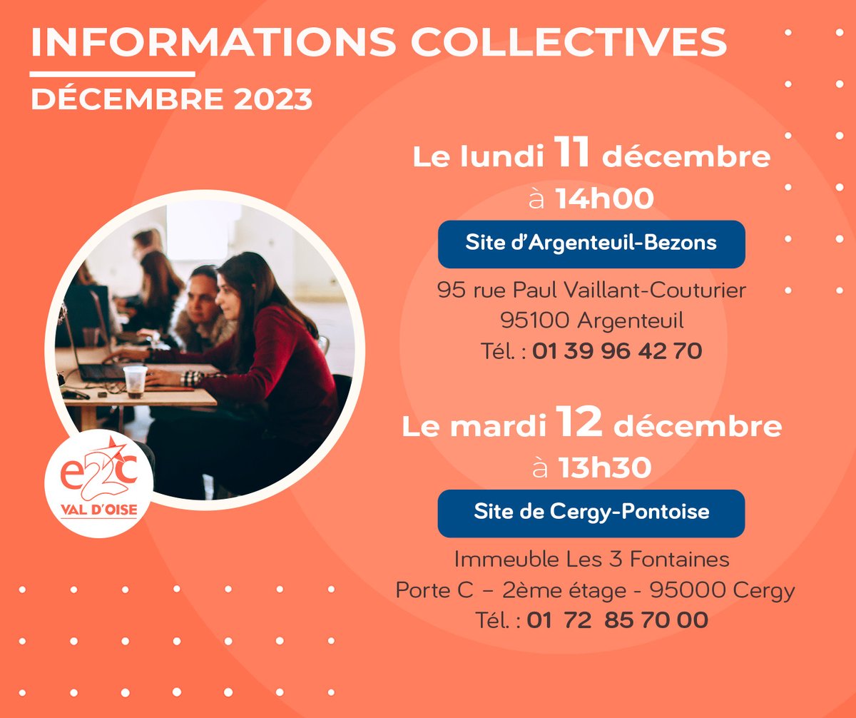 🔔 #informationcollective #décembre
👋🏼 Participez à nos dernières infocolls de l'année afin de poser toutes vos questions sur l'accompagnement et le parcours de formation à l’#E2C

📍#Argenteuil : Le lundi 11 décembre à 14h00
📍#Cergy : Le mardi 12 décembre à 13h30