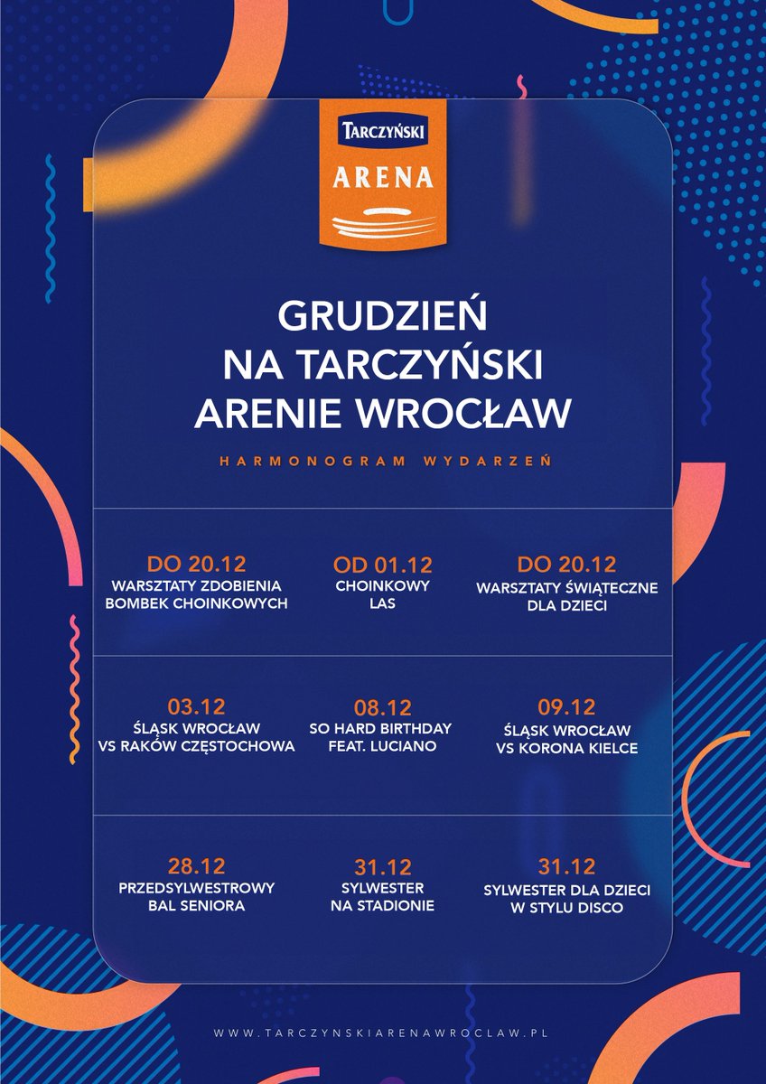 Grudzień na Tarczyński Arenie. Dwa rodzaje warsztatów dla dzieci, dwa bale sylwestrowe, dwa mecze Śląska Wrocław, koncert, Przedsylwestrowy Bal Seniora, a do tego punkt sprzedaży świątecznych choinek oraz stale czynne lodowisko. Szczegóły: tarczynskiarenawroclaw.pl/grudzien-2023-…